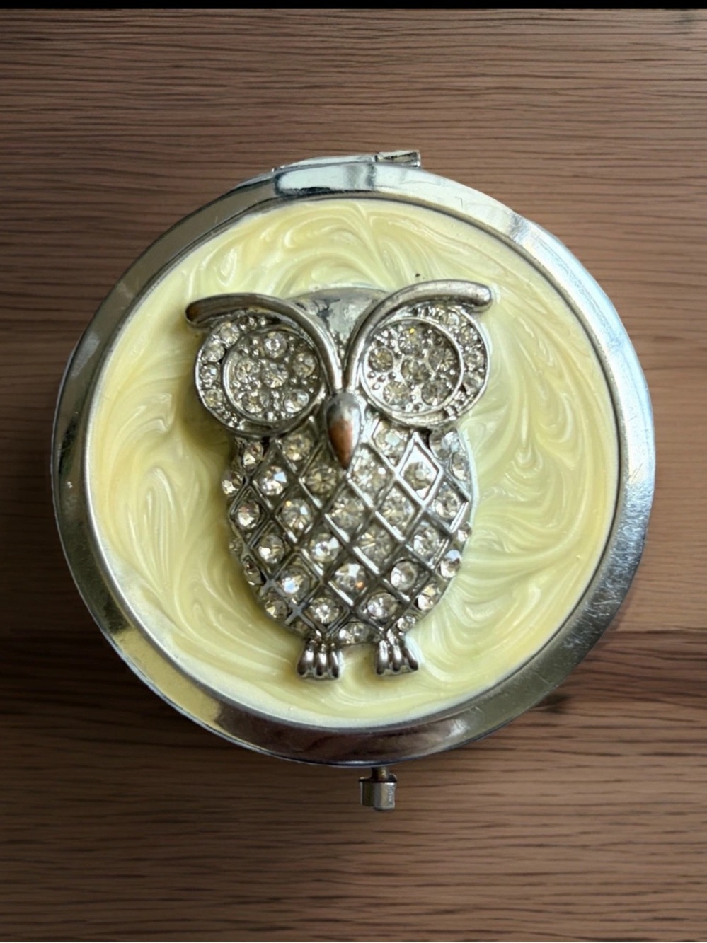 Vintage OWL Compact Mirror 2" Marbled Enamel Silver Tone 3D Rhinestone Owl